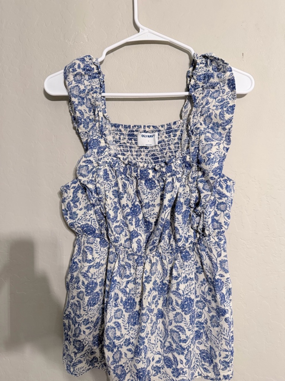 Old Navy Cream and Blue Floral Smocked Tank